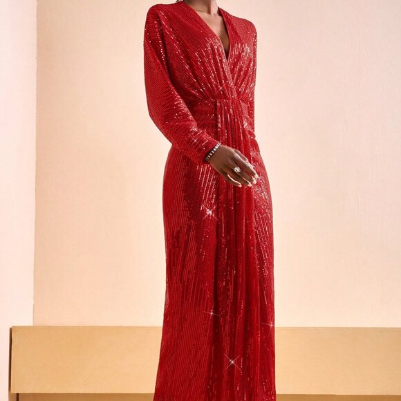 Red Elegant Women's Sequined Beaded Dress - Picture 7 of 7